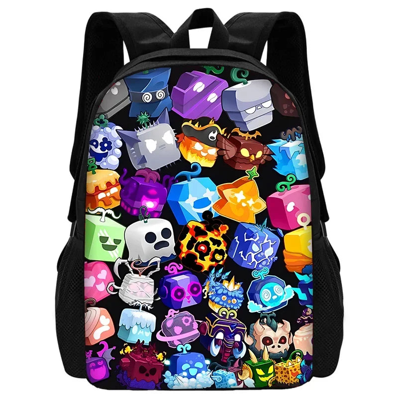 TOPTOY Kids Large Waterproof Multicolor Nylon Fabric Cartoon Smiling Fruit Critters Double Zippers Polyester Lining Shoulder Straps-Handle School Backpacks Sets/Pencil Bags/External Pockets/Colors-Multicolor/Black/Purple