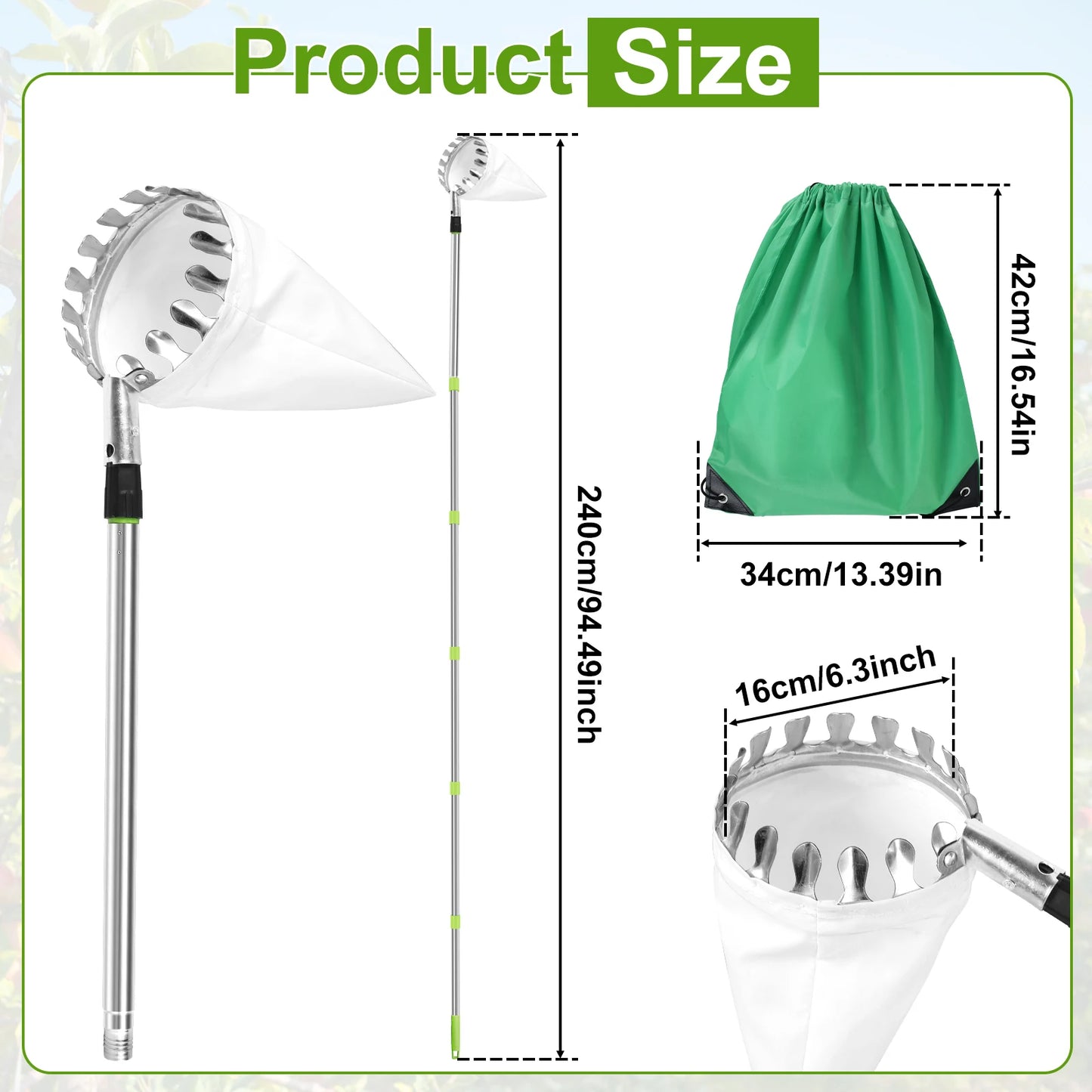 TOORISE Green-Silver Stainless Steel-Aluminum Lightweight One Fruit Picking Pole Head Basket Gardening Tools/1-Picking Basket/1-Splicing Rod/1-Storage Bag