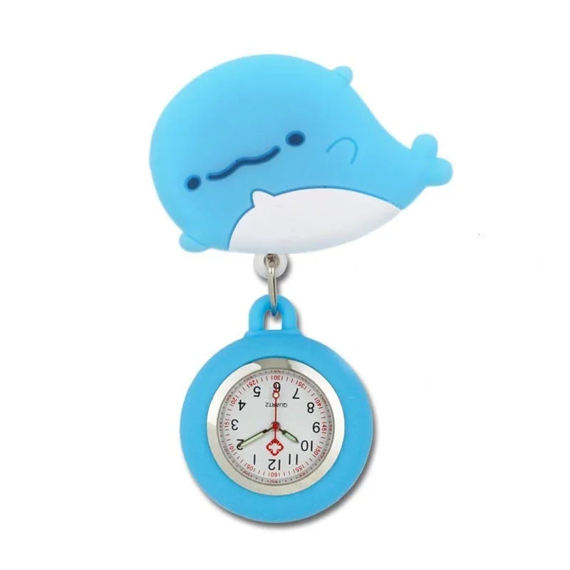 AIYOHI Quartz Analog-Digital Display Round Glass Face Silicone Covered Metal Alloy Case Cute Cartoon Animals-Fruit-Flowers-Cat Paw-Smiling Cloud Design Nurses-Doctors Retractable FOB Pocket Watches