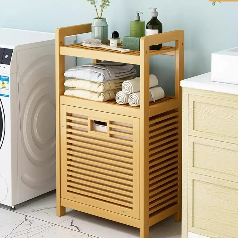 No-EN-Name-Null Modern Large Waterproof Lining 3-4 Tier Storage Shelves Brown-Beige Bamboo Solid Wood Boards Tilt Out Strip Laminates Laundry Hamper Baskets