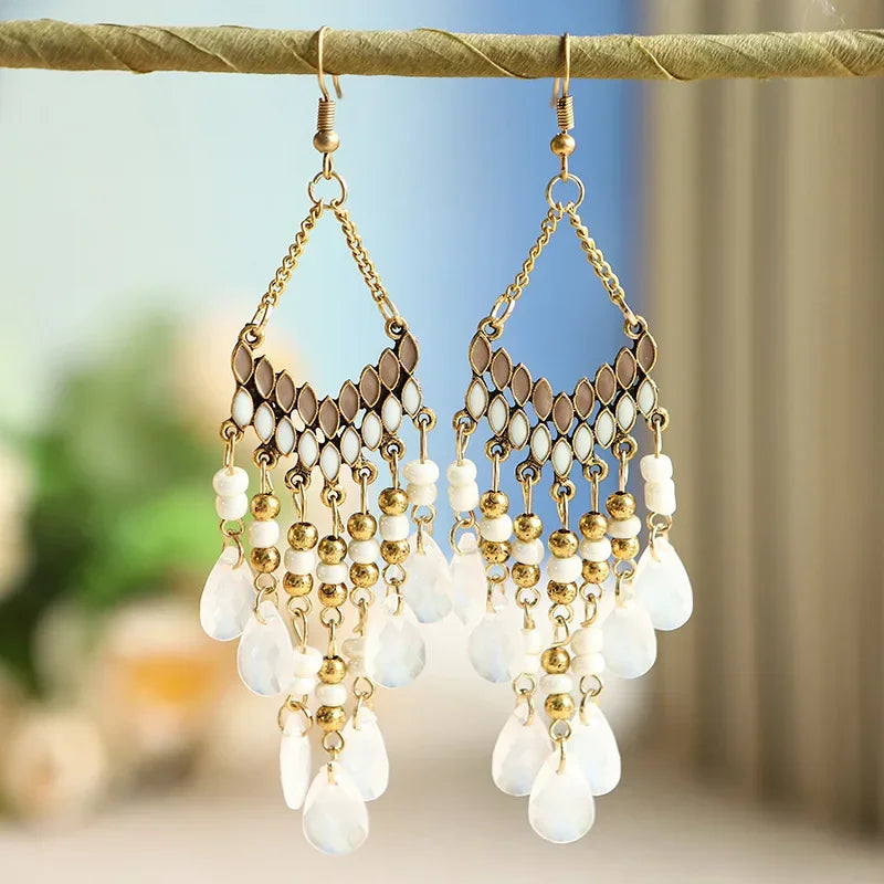 DAIPAN Adult Women Imitation Bohemian Multicolor Resin Beads Water Drop Tassel Gold-Plated Copper-Metal Alloy Earrings/Colors-Multicolor/Gold/Blue/Red/Black/Geometric