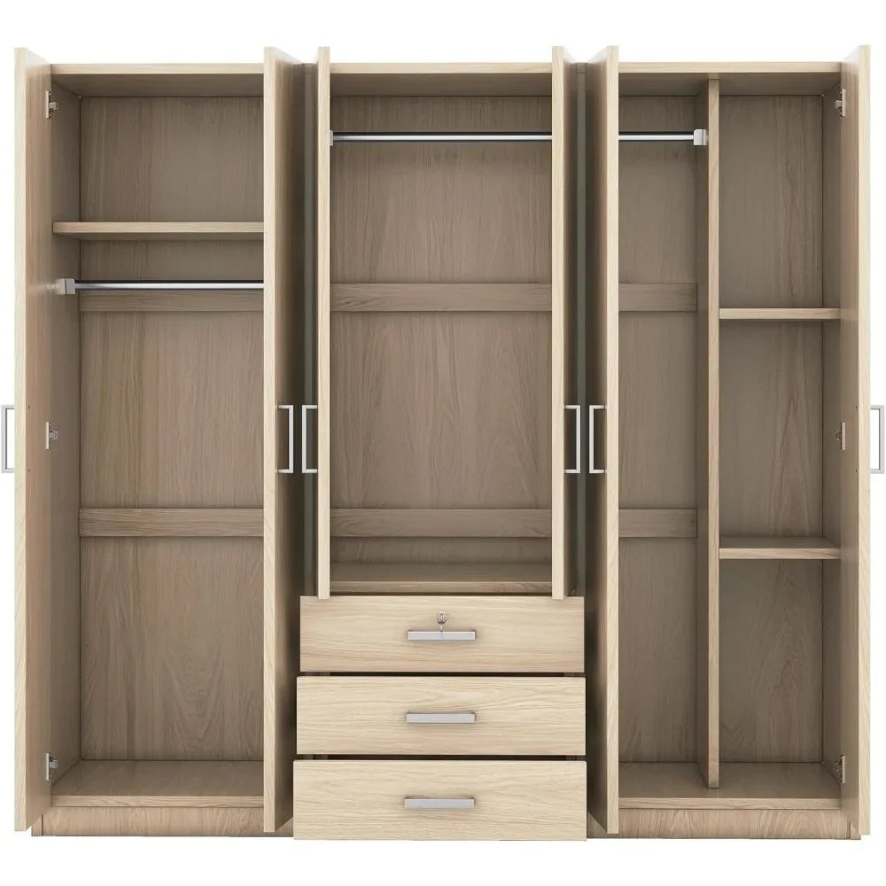 TONGYUE Modern Beige Large Six Doors Three Drawers MDF Wood Triple Wardrobes /Colors-Beige/Brown/White/Gray/ Dimensions: 19.2"D x 70.9"W x 68"H