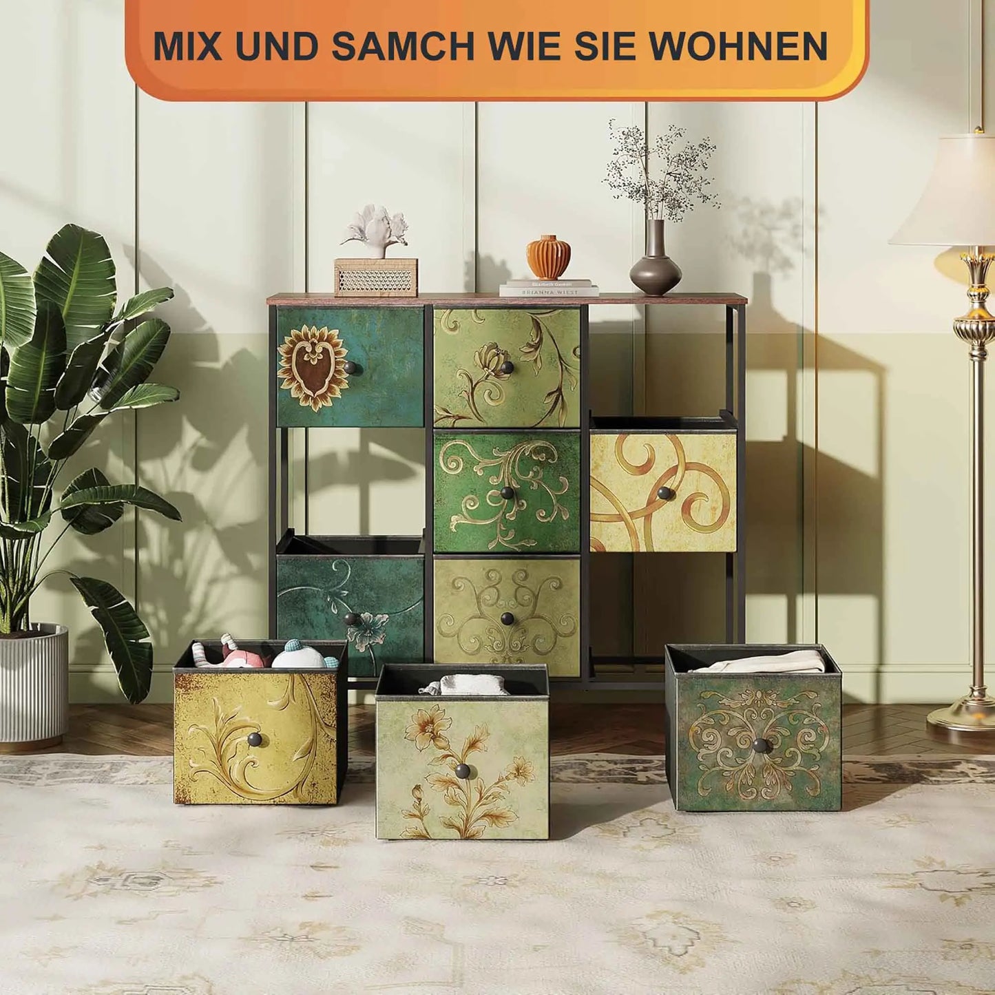 No-EN-Name-Null Antique Style 3-Tier Design Wood Top Nine Large Multicolor Floral Fabric Drawers Steel Metal Frame Dressers/Colors-Multicolor/Black/Floral/Green