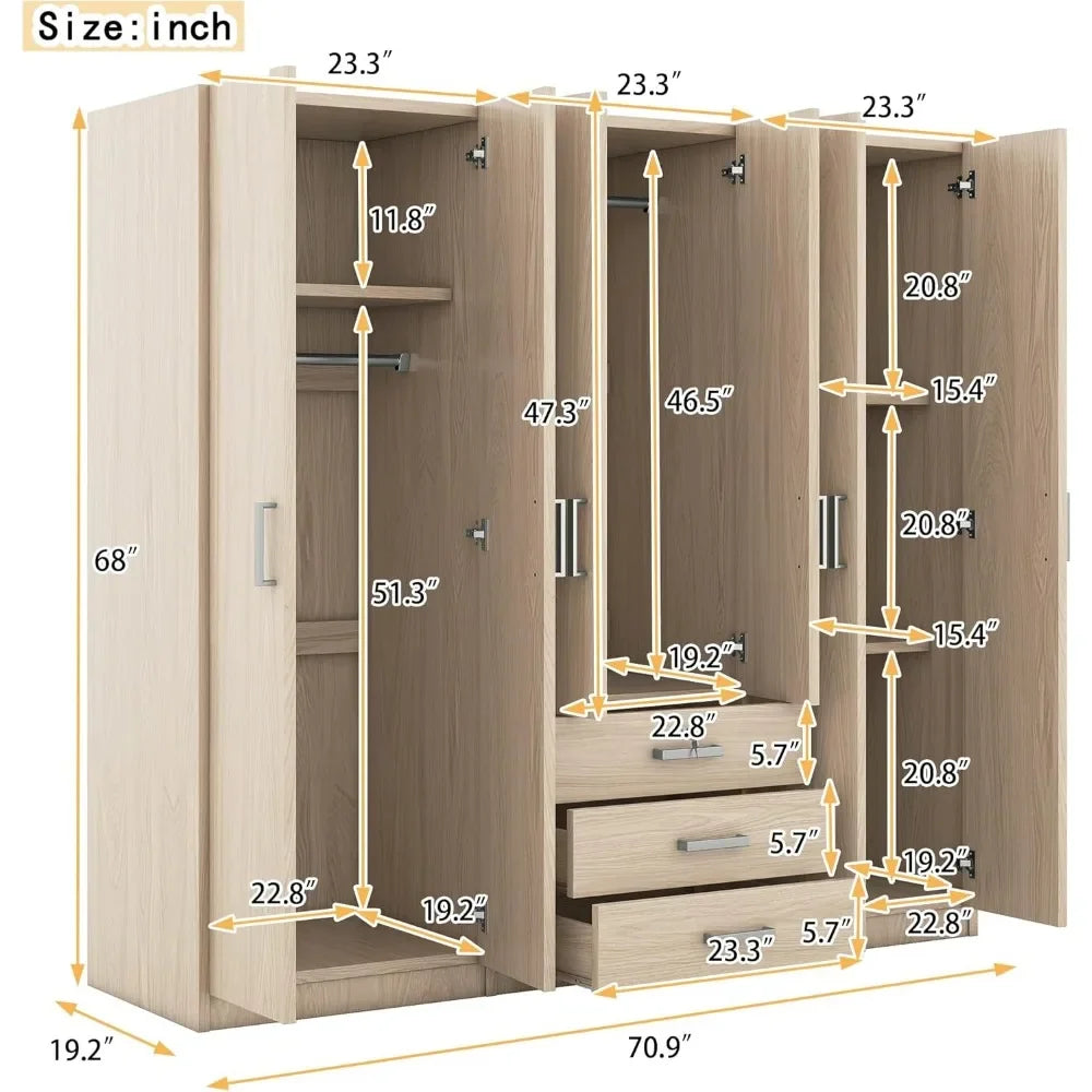 NULL Indoor Modern Brown Rectangle Shaped Six Hinged Doors Three Drawers Storage Cabinets Organizers MDF Wood Bedroom Wardrobes/ Dimensions: 19.2"D x 70.9"W x 68"H/Colors-Brown/Beige/Gray