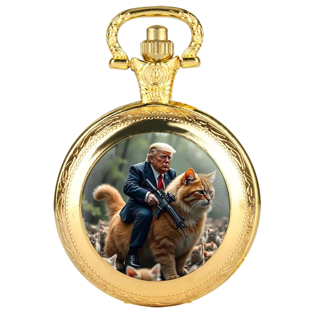 No-EN-Name-Null Adults Antique Quartz Analog Display Acrylic Face Black Metal Alloy Case Humorous Funny Trump Riding Red Tabby Cat-Holding A Automatic Weapon Design Glass Dome Cover The Durable Chain-Pocket Watches/Colors-Gold/Silver/Black/Bronze