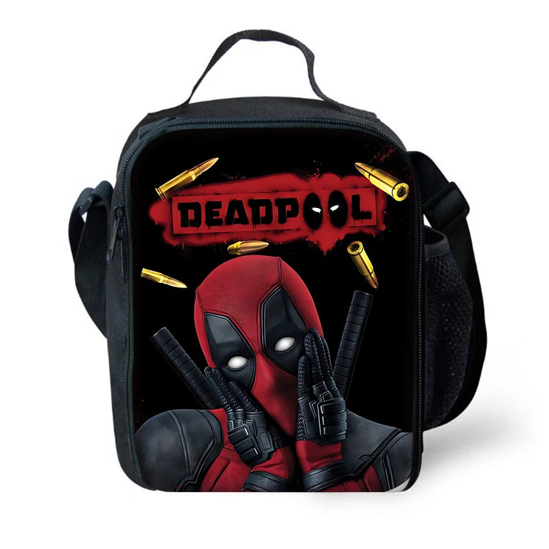 MINISO 3 PCS Waterproof Curved Back Nylon Fabric Cartoon Smiling Critters Super Hero Adjustable Straps-One Handle School Backpacks /Lunch Bags/Pencil Bag/Tablet Inserting Pocket/Water Bottle Pocket/Colors-Red/Black/Purple/Multicolor