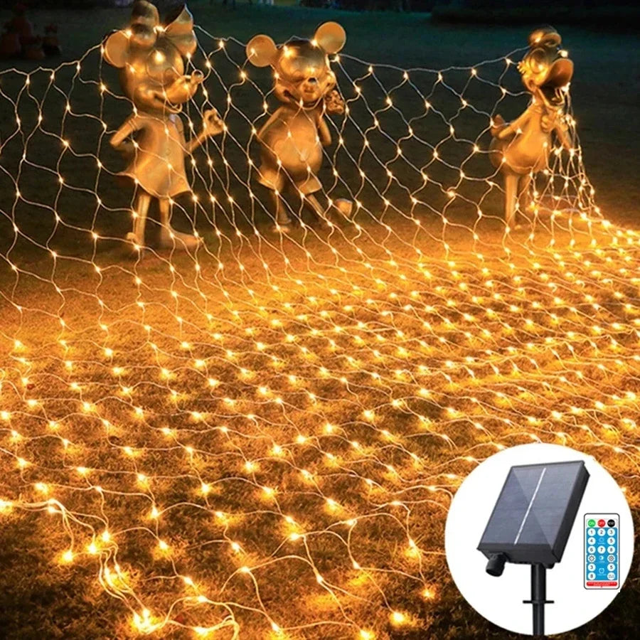 Outdoor-Indoor Plastic Body Solar-Powered Remote Control Dimmable Waterproof Multicolor Holiday LED Net Mesh Warm White Light Ropes-Garland String Lights/Colors-Multicolor/White/Blue