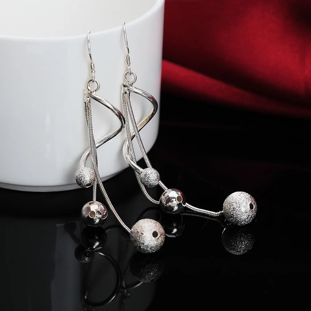 GAABOU Adult Women Fine Imitation Sterling Silver Metal Ball-Shaped Long Hanging Tassel Drop Dangle Earrings