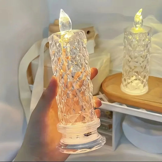 LED Plastic Crystal Glass Candle Light Simulation Flameless Rose Pattern Warm White Round Night Lights//Lithium Metal Button Batteries/No Batteries Required/Colors-Floral/Clear/Pink