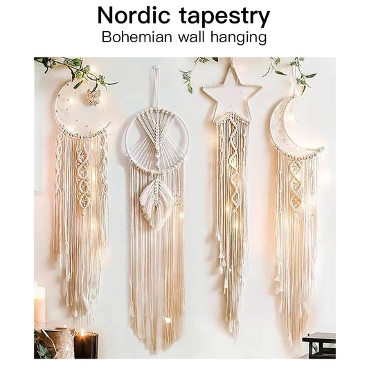 Nordic Bohemian Style Dream Catcher Handwoven Cotton Fabric Star Moon Tasseled Wall Hanging Tapestries/Colors-Beige/White/Multicolor
