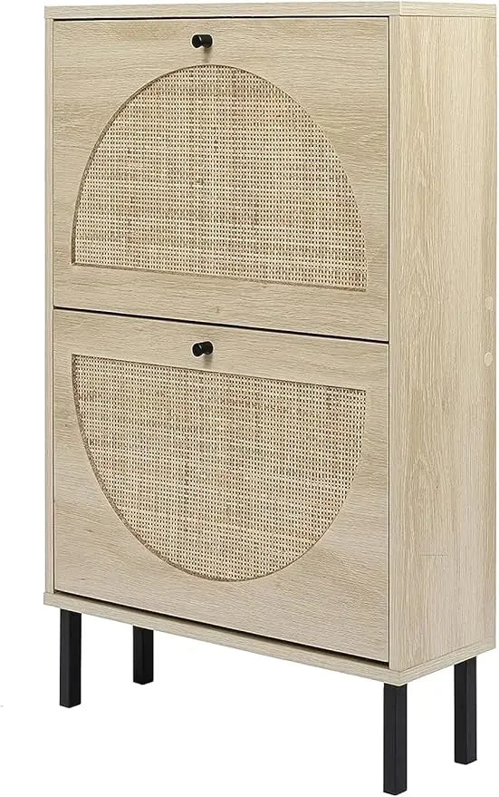 ANGDUO Indoor Beige-Black Natural Rattan 3 Tiers Flip-Out Drawers Free Standing Four Black Metal Feet Shoe Organizers/Product Dimension:9.45"D x 23.6"W x 48.9"H/ Product Weight:41lbs/Assembly Required/Storage Options Also