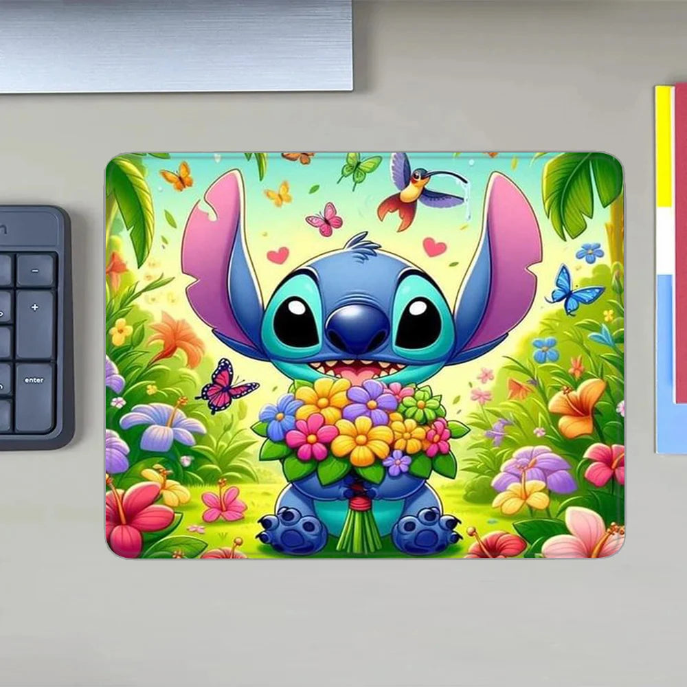 MINISO HD Printed Non-Toxic Small Blue-Multicolor Rectangle Thermal Transfer Anime Cartoon Stitch-Lilo In Space-Planets-Stars Themes Soft Non-Slip Natural Rubber Bottom Sealing Edges Computer Gaming Mouse Pads