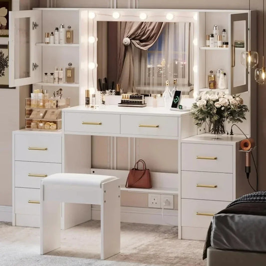 Mirrored Lighted Makeup Desk Set/ 10 LED Lights/8 Metal Sliding Drawers/ 2 Glass Cabinet Doors/2 AC Outlets 125V/ 12A/2 USB Ports 5V/2A/6-Foot Power Cord/Colors-White/Black