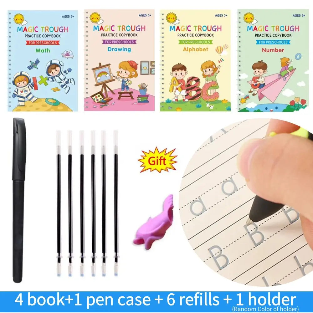 No-EN-Name-Null Kids 4 PCS English Groove Magic Practice Writing Letters-Numbers White Thick Cardboard Multicolor Paperback Copybooks Reading Toys /Ages: 1-14  Years Old-Older /Pens/Pen Grip