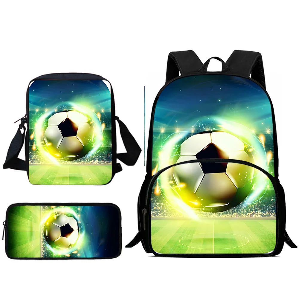 MINISO Kids 3 PCS Large Waterproof Nylon Fabric Zippers Exterior Pockets Printed-Burning Flames Soccer Ball Design Curved Back Shoulder Straps-Handle Sports IPAD Compartment School Backpacks/Color-Black/White/Blue/Multicolor