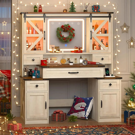 Wood Large White Farmhouse Mirrored LED Lighted Makeup Vanity Desk /Charging Station/2 USB Ports/ 2 AC Outlets/5 Drawers/2 Cabinets/Adjustable Sliding Glass Shelves