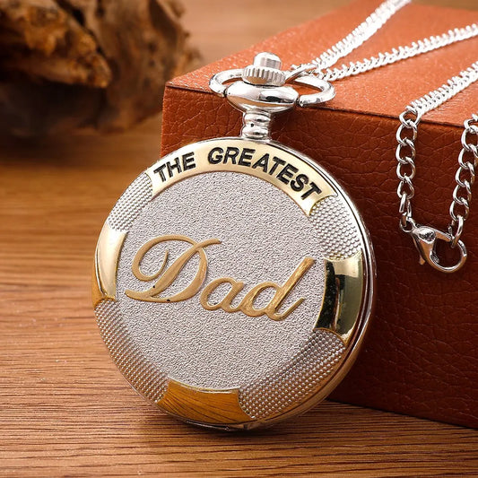 No-EN-Name-Null Adults Antique Waterproof Quartz Analog Display Glass Face Metal Alloy Round Shaped Case Silver Background Engraved In Gold THE GREATEST DAD On The Front Pendant Chain-Pocket Watches