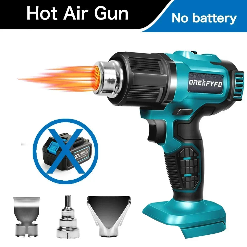 ONEKFYFD Plastic Blue-Black Body Lithium Battery-Powered Rechargeable Cordless Electric Adjustable Temperature 300W Hot Air Guns/2 Lithium Batteries/3 Nozzles/ Charging Cord/Adapt To Makita 18V Lithium Battery/Colors-Blue/Black/Silver