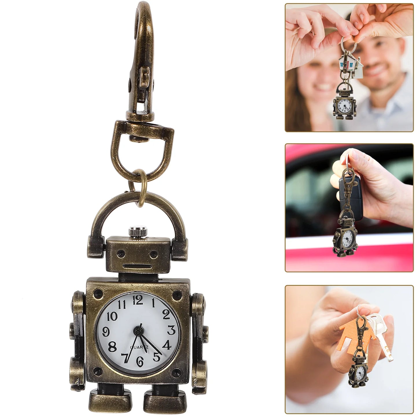 No-EN-Name-Null Adults Digital Movement Analog Display Bronze Metal White Face Black Numbers Cute Buckle Robot Shaped Hanging Keychain Watches/Colors-Bronze/White/Brown