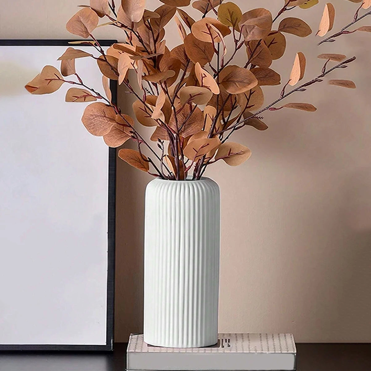 Striped Cylindrical Ceramic-Like Plastic Vases/Colors-White/Black