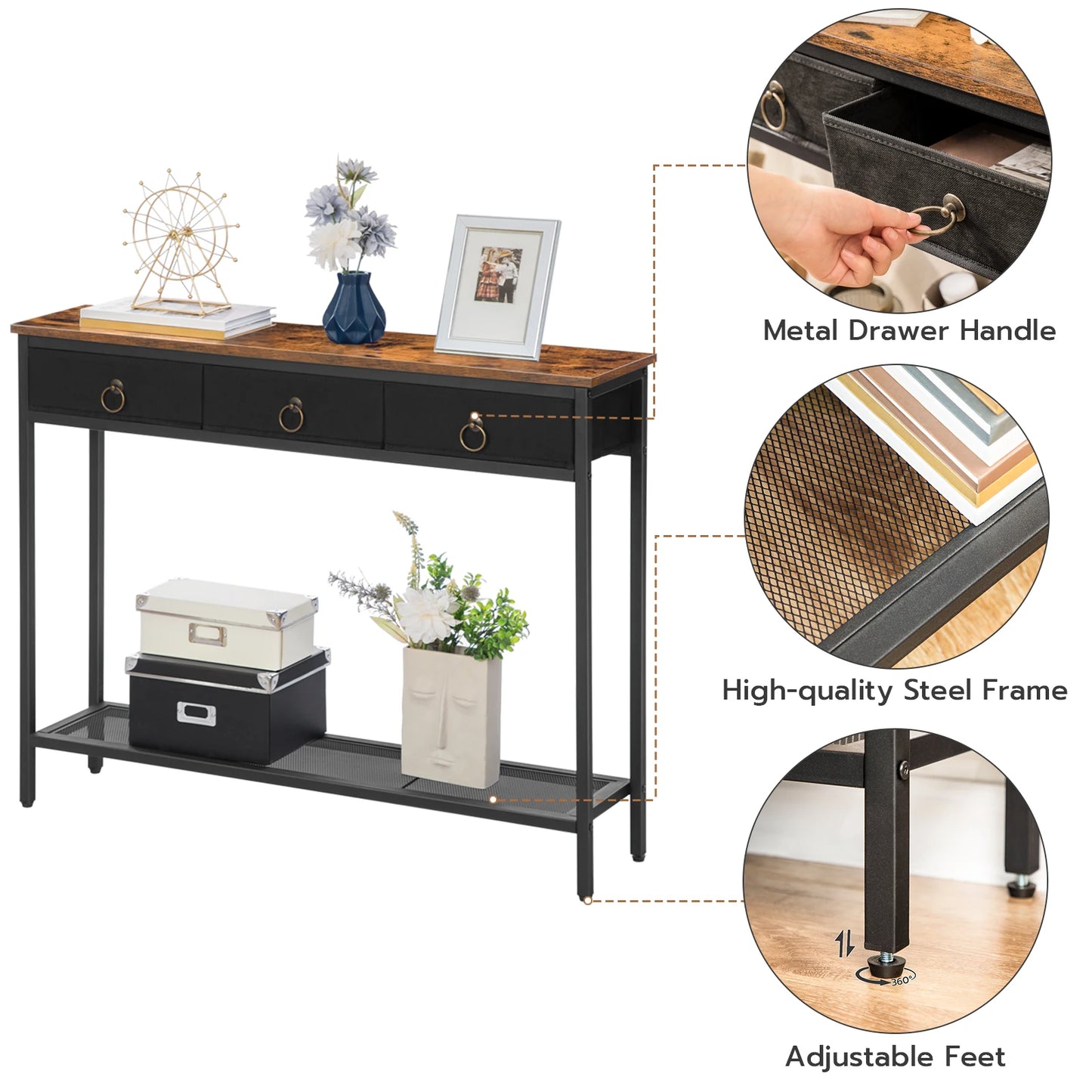 No-EN-Name-Null HOOBRO Antique Rustic Brown Rosewood Top Rectangle Shaped Black Metal Frame Narrow Entryway Console Tables/ 2 Drawers/ 2 Shelves