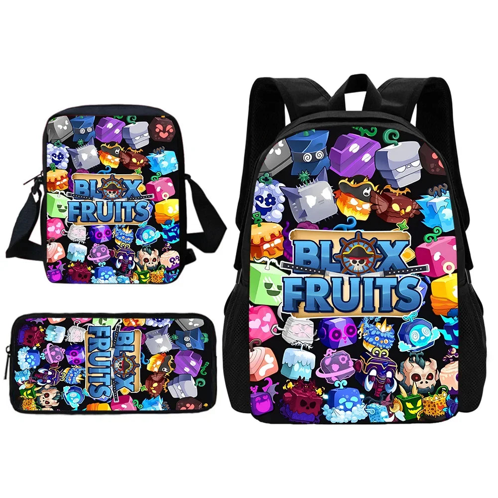 TOPTOY Kids Large Waterproof Multicolor Nylon Fabric Cartoon Smiling Fruit Critters Double Zippers Polyester Lining Shoulder Straps-Handle School Backpacks Sets/Pencil Bags/External Pockets/Colors-Multicolor/Black/Purple