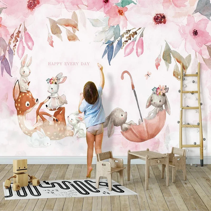 JIADOU Modern Kids Waterproof Canvas Customized 3D Cartoon Baby Deer-Rabbits In A Umbrella Self-Adhesive Photo Print Peel-Stick Mural Wallpaper/Requires Paste/Peel-N-Stick/Requires Paste