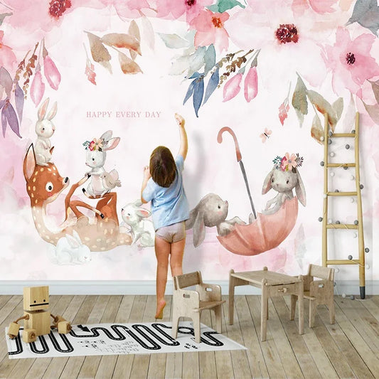 JIADOU Modern Kids Waterproof Canvas Customized 3D Cartoon Baby Deer-Rabbits In A Umbrella Self-Adhesive Photo Print Peel-Stick Mural Wallpaper/Requires Paste/Peel-N-Stick/Requires Paste