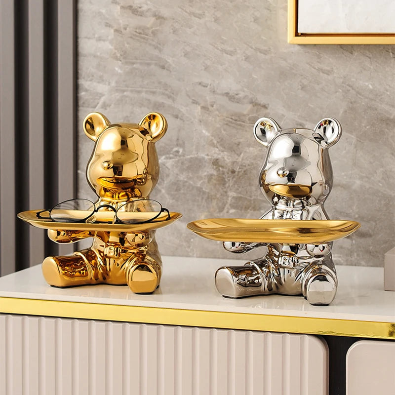 No-EN-Name-Null Modern Multicolor Ceramic-Enamel Cartoon Piggy Bank Bear Shaped Storage Tray Holders/Colors-Gold/Silver/Multicolor