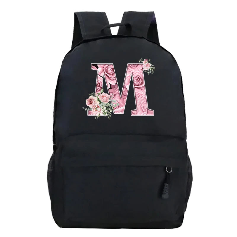 No-EN-Name-Null Waterproof Large Black Softback Nylon Fabric Printed Floral Pink Rose First Name Initial Letter Curved Back Zipper Canvas Lining Built-In Laptop Compartment Shoulder Straps-Handle Zippered External Pockets School Backpacks