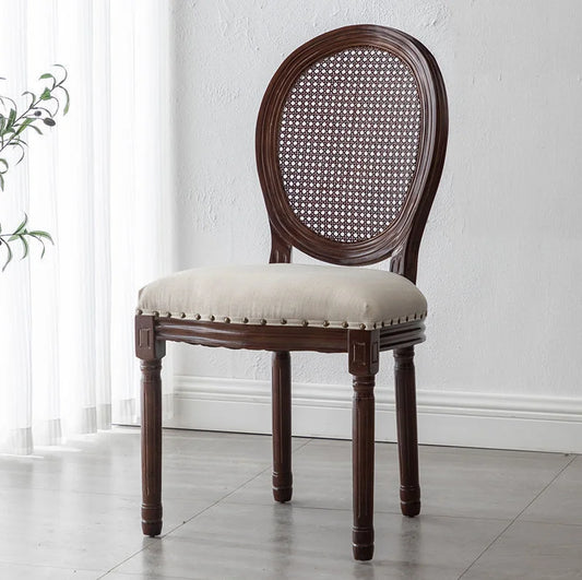 Vintage Solid Wood Armless Rattan Upholstered Mesh French Style Round Backrest Faux Leather Cushion Dining Chairs/Colors-Brown/Beige/Blue