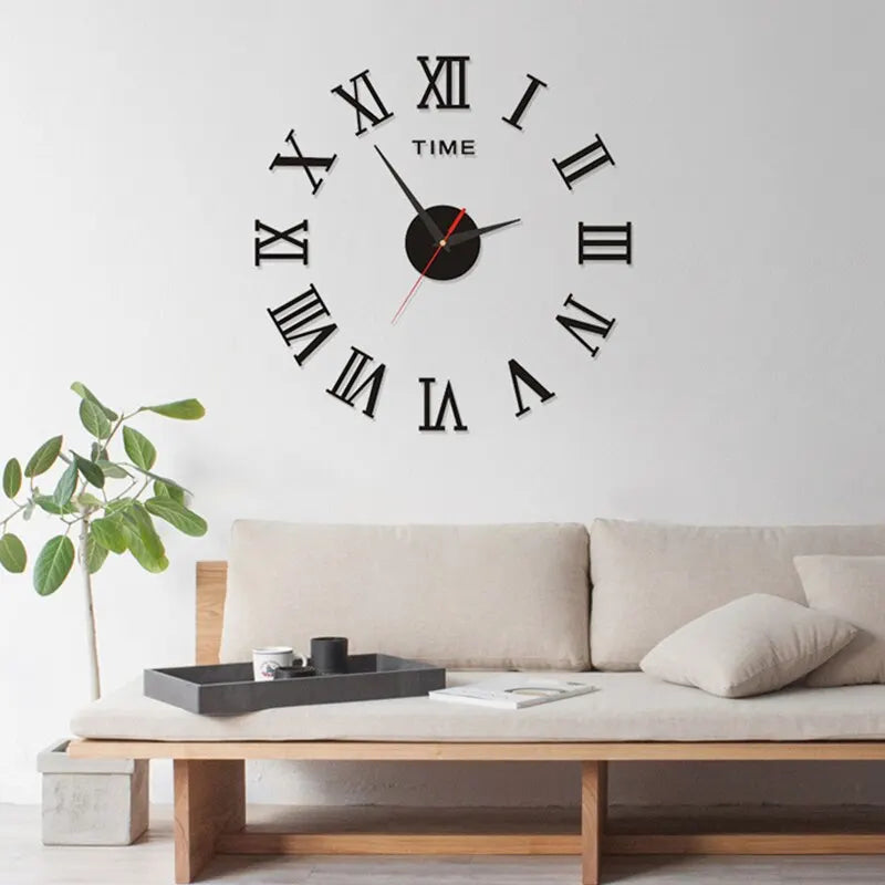 European Large Round DIY EVA Self-Adhesive Single Face Metal 3D Acrylic Mirror Digital Roman Numeral Quartz Wall Clocks/Colors-Geometric/Black/Silver/Gold