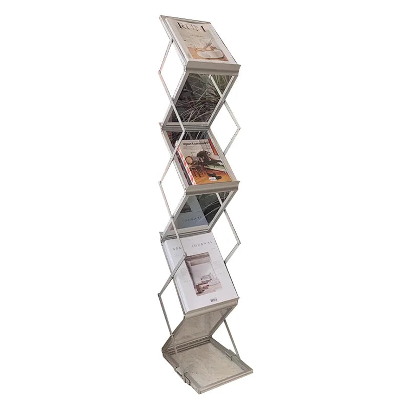ENNJOI Modern 3-Tier Free-Standing Silver Aluminum Metal Framed Foldable Bookshelves Storage Magazine Rack Holders/ Size: W x L x H /25cm  x 35cm  x  149cm
