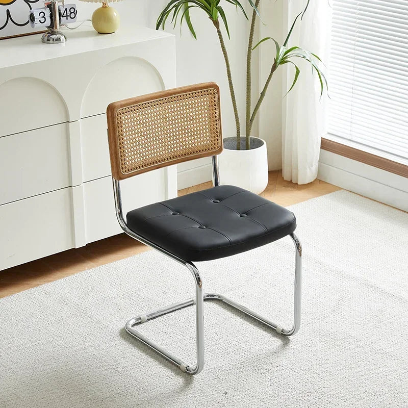 No-EN-Name-Null Nordic Armless Woven Rattan Brown Solid Wood Beige Meshed Hard Backrest-Faux Leather Seat Cushion Silver Stainless Steel Metal Frame-Legs Kitchen-Dining Room Chairs/Colors-Brown/Green/Black/Gray/Orange