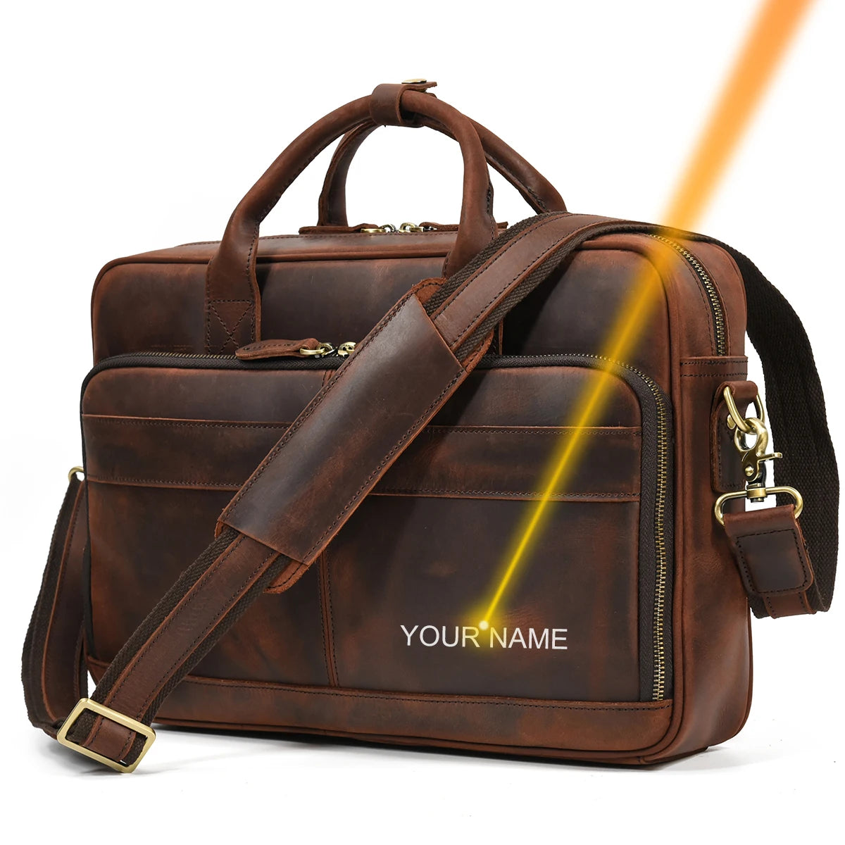 NEWSBIRDS Men Modern Rectangle Shaped Brown-Black Genuine Cowhide Leather Built-In 14-15.6 Inch Single Laptop Compartment Metal Zipper Two Handles-Detachable-Adjustable Shoulder Strap Briefcases