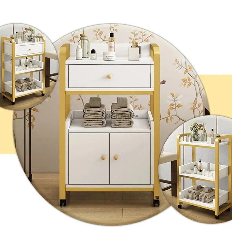 DUTRIEUX Modern White One-Storage Cabinet-Lockers Gold Iron Metal Frame Two Sliding Doors Four Black Plastic Wheel Trolley Carts/Colors-Gold/Brown/Black/White
