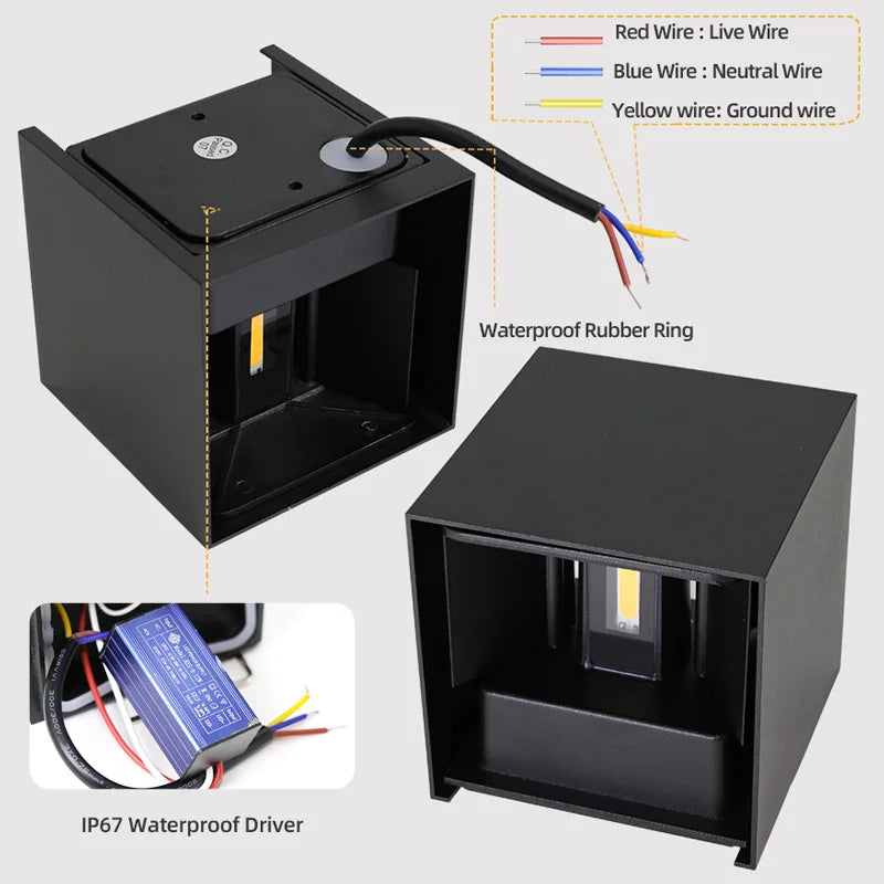 ERTIMELED Modern Outdoor-Indoor Waterproof Black Square Aluminum Metal Box Shaped Tempered Glass Adjustable Warm-Cool White LED Lights Up-Down Wall Light Fixtures /Bulbs Included