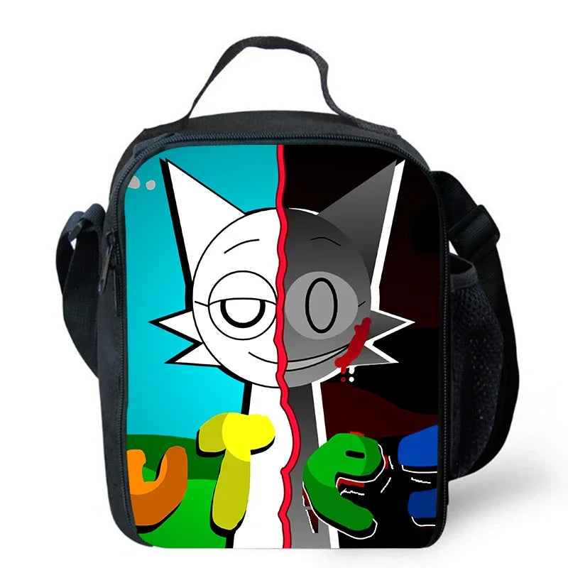 MINISO Kids Waterproof Nylon Fabric 3D Digital Print Cartoon Anime Music Box Sprunky Kids Full Mode Curved Back School Backpacks/Lunch Bag-Pencil Bag/Exterior Pockets/Laptop Compartment/Colors-White/Black/Blue/Multicolor