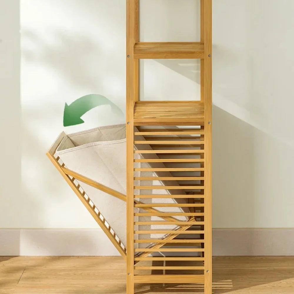No-EN-Name-Null Modern Large Waterproof Lining 3-4 Tier Storage Shelves Brown-Beige Bamboo Solid Wood Boards Tilt Out Strip Laminates Laundry Hamper Baskets