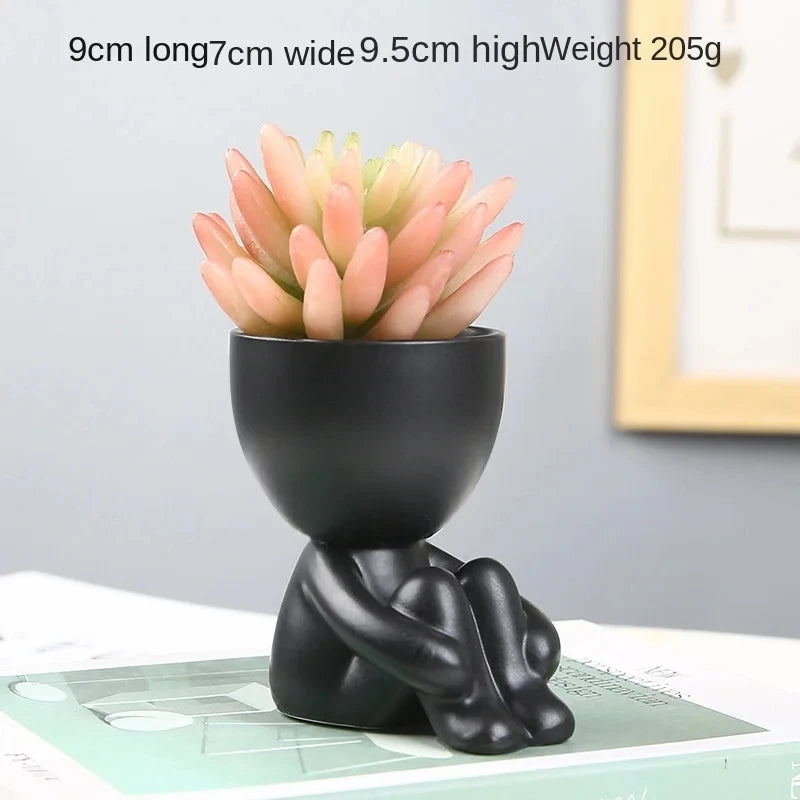 No-EN-Name-Null Indoor Mini Chinese Glazed Ceramic Black-White Cute Cartoon Human Silhouette Shaped Succulent Desktop Flower Pots Planters