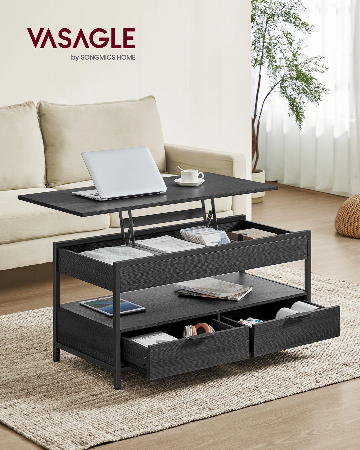 VASAGLE Lift Top Black Metal Frame Coffee Table/2 Storage Drawers/Hidden Compartments/Open Shelves/Colors-Black/Beige/Brown