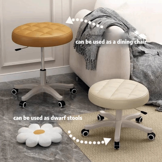 No-EN-Name-Null Commercial Grade Round Shaped Beige PU Leather Sponge Cushion Top Swivel Adjustable Height Metal Rolling 4-Wheels Adjustable Bar Stools/ Colors-Beige/White/Orange/Blue/Pink/Black