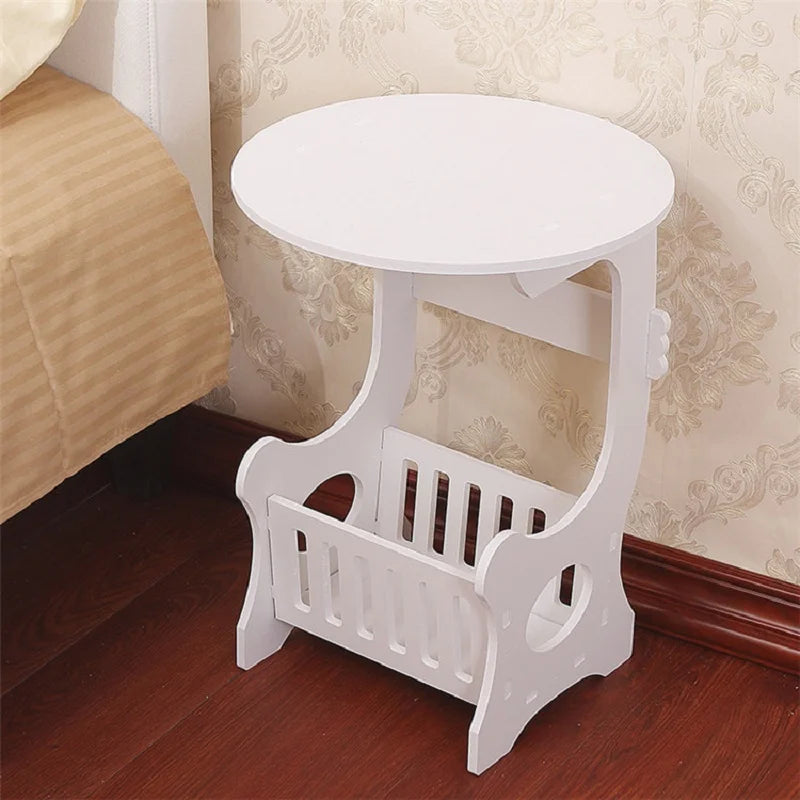 NULL European Mini White Plastic Round Top Solid Wood Base Nightstands