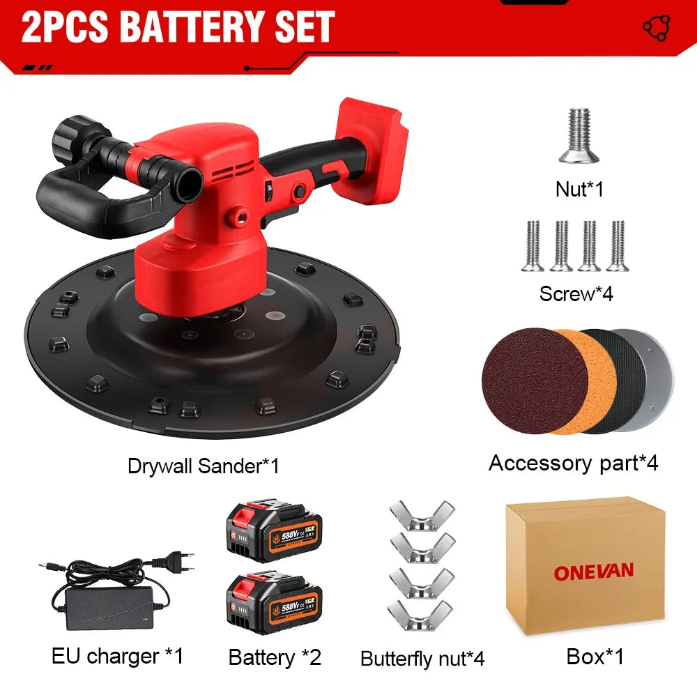 ONEVAN Indoor Black-Red Body Adjustable Speed Brushless Battery-Powered Electric Round Steel Plate Dry Wall Sanders/Batteries Included