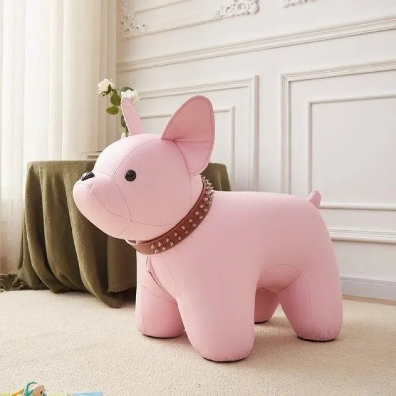 No-EN-Name-Null Kids Free-Standing Soft Faux Leather Upholstered Backless Pink Cartoon Dog Animal Shaped Wood Frame Flat Seat Table-Bar Stools /Colors-Pink/Yellow/White/Gray/Animal