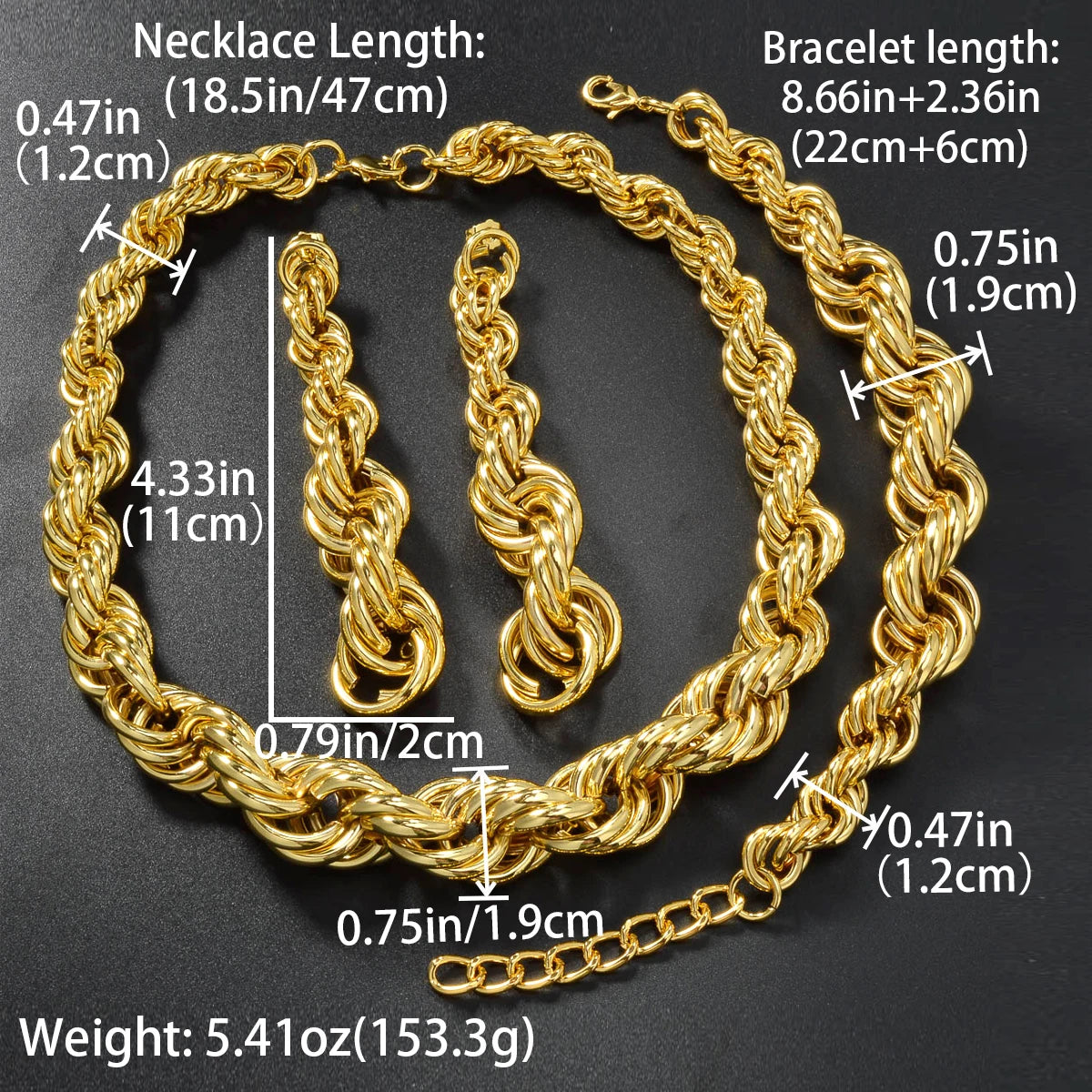 SNY Adults Unisex Fine Imitation Classic Geometric Gold Hip-Hop Punk Copper Metal Fried Dough Twist Interwoven Round Necklace-Bracelet-Big Long Twisted Interwoven Earrings  Jewelry Sets