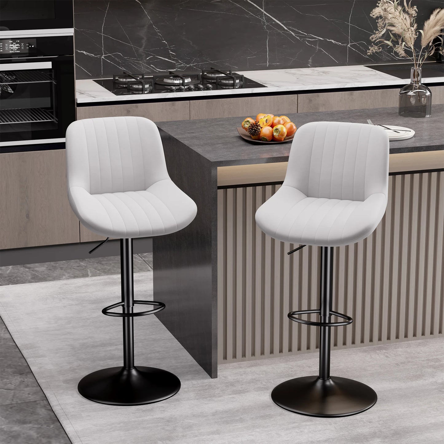 No-EN-Name-Null 2 PCS Waterproof Low Backrest Armless Upholstered Padded Shell Shaped Soft Faux Leather Fabric Seat Cushion Black Metal Round Base-Footrest Bar Kitchen-Dining Room Chair Sets /Colors-White/Beige/Gray/Black/Brown