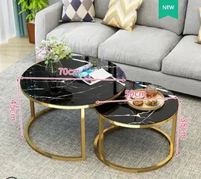 TIEHO Modern 2-In-1 Combination Cafe Black Round Shaped Tempered Glass Tabletop White Iron Metal Frame Base Nesting Coffee Table Sets