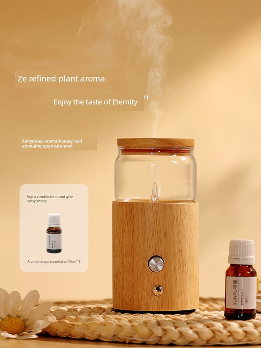 Home Glass Atomizer Plant Aroma Spray Diffuser Air Freshener Long-Lasting Adjustable Wireless Timing Cold Fragrance Deodorant Cylindrical Shape Natural Wood Base
