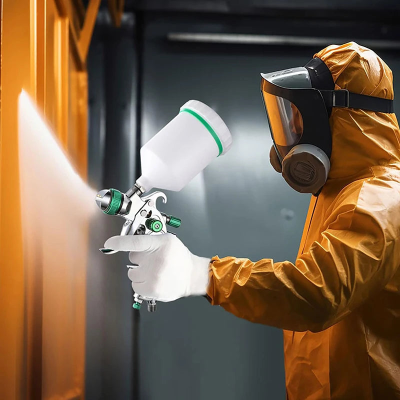 JUNEFOR Handheld Pneumatic Power Gravity Feed White PVC Plastic Cup-Green Trim High Volume Low Pressure Adjustable Silver Stainless Steel Needle-Nozzle Large Professional Paint Sprayers